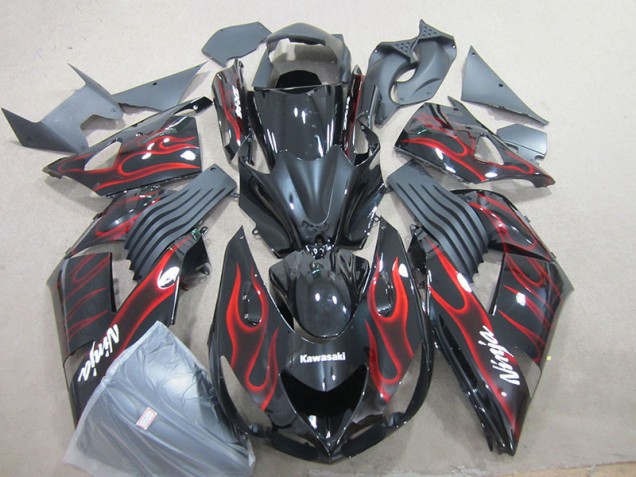 Preto Vermelho Chama Ninja Carenagem ZX14R ZZR 1400 06-11 Preto Vermelho Chama Ninja Carenagem ZX14R ZZR 1400 06-11